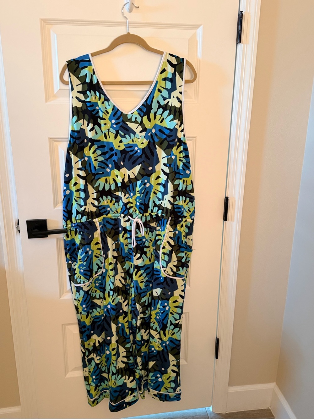 Cuddl Duds 2x 3x Tropical Leaf Print One-Piece Romper in Blue & Green